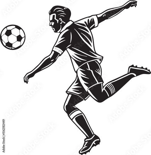 Dynamic soccer player silhouette kicking a football in mid-air, perfect for sports logo, team branding, and athletic poster designs.
