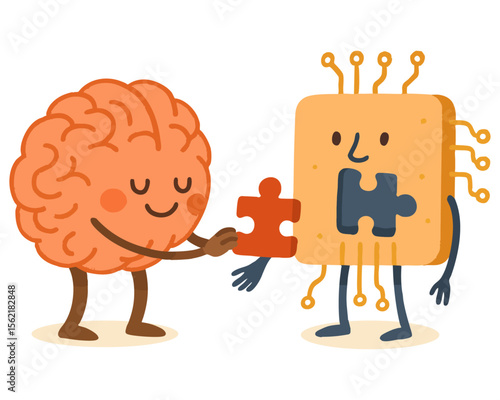 Brain and chip puzzle connection. High-tech neuromorphic chip Illustration. Future technologies, evolution artificial intelligence
