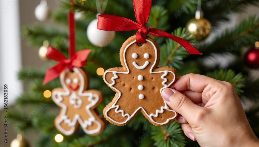 Gingerbread cookies hanging on a Christmas tree with ornaments Gingerbread cookies hanging on a Christmas tree with ornaments