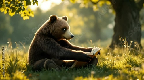 Reading bear sitting in grass under a tree