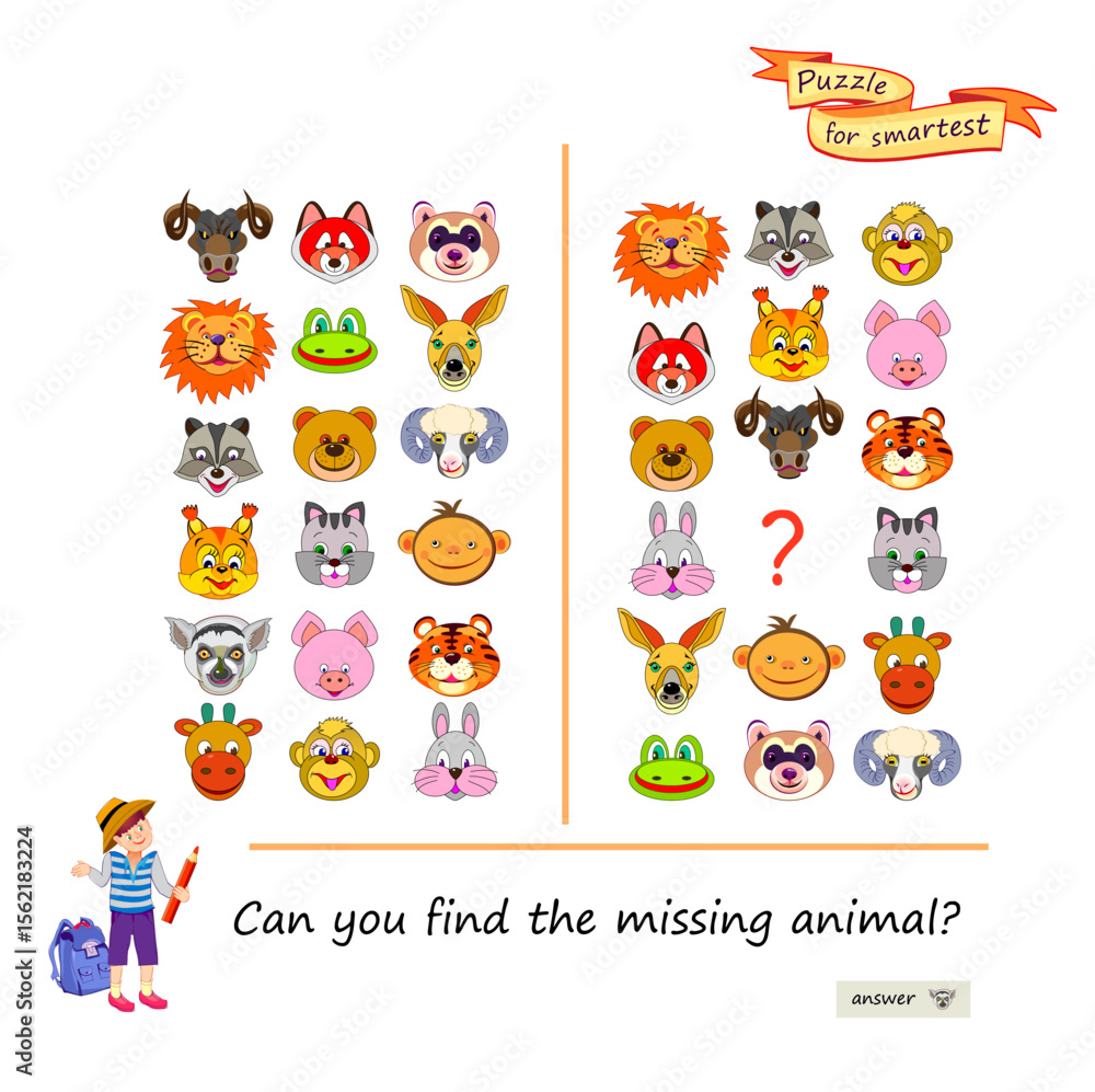 Can you find the missing animal? Logic puzzle for children and adults. Educational game. Page for brain teaser book. Task for attentiveness. Play online. Kids activity sheet. Vector illustration. Can you find the missing animal? Logic puzzle for children and adults. Educational game. Page for brain teaser book. Task for attentiveness. Play online. Kids activity sheet. Vector illustration.