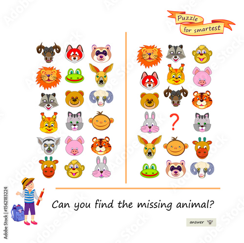 Can you find the missing animal? Logic puzzle for children and adults. Educational game. Page for brain teaser book. Task for attentiveness. Play online. Kids activity sheet. Vector illustration.