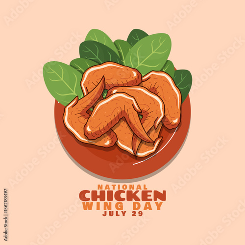 National Chicken Wing Day to celebrate on July 29th. A plate of chicken wings with vegetables on beige background. Food event background.
