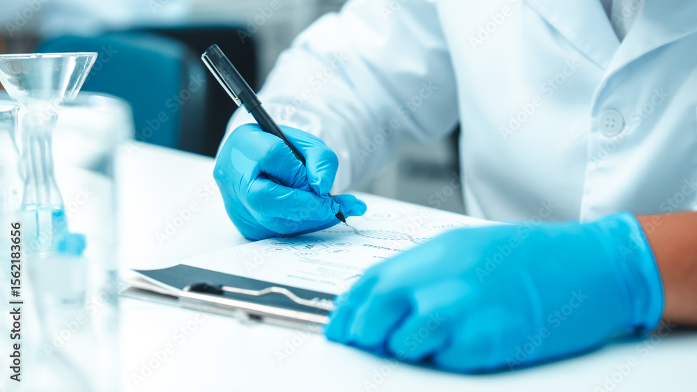 Fototapeta premium Young Asian male scientist recording data in a modern laboratory. Wearing safety goggles and gloves, surrounded by laboratory glassware. Biotechnology research and scientific documentation in progress