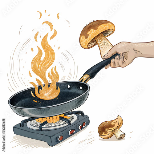 Side view mushroom frying with gas stove and fire