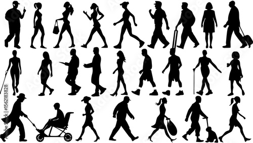 Diverse set of 27 black silhouette people walking vector illustrations for urban lifestyle and activity designs