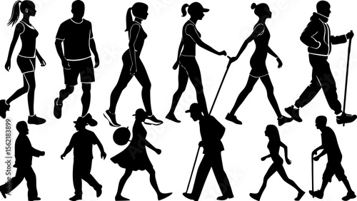 Set of 12 diverse black silhouette people walking and exercising vector icons for fitness and lifestyle designs