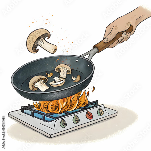 Side view mushroom frying with gas stove and fire