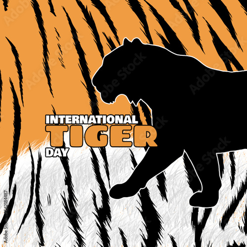 International Tiger Day to celebrate on July 29th. Silhouette of a tiger with bold text on tiger skin texture background. Animal event banner.