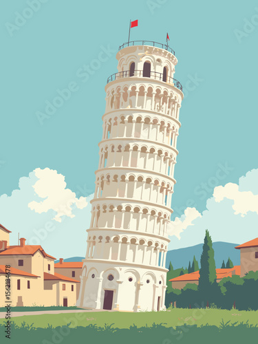 The Leaning Tower of Pisa tilts against an Italian sky in marble white, terra cotta rooftops, olive trees, and sky blue backdrop