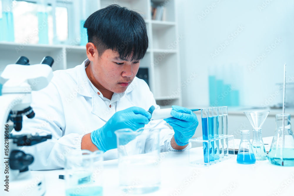 Fototapeta premium Scientist using micropipette for laboratory experiment in modern science lab. Concept of chemical research, liquid analysis, biotechnology, precision science, healthcare and diagnostics.