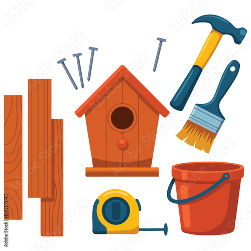 Wooden birdhouse construction set DIY craft vector illustration isolated on white