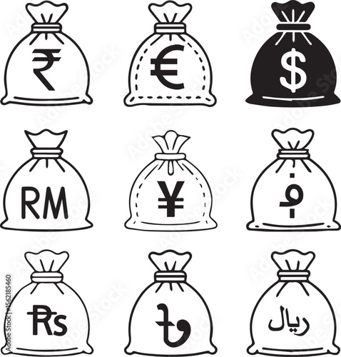 currency icons, usd icon, money symbol logo, Currency Money Bag Icon Set Vector Illustration with Editable Stroke