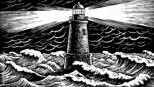 old lighthouse standing against stormy waves, ideal for storytelling book covers, sailing-themed branding or forearm tattoos a black and white line art illustration