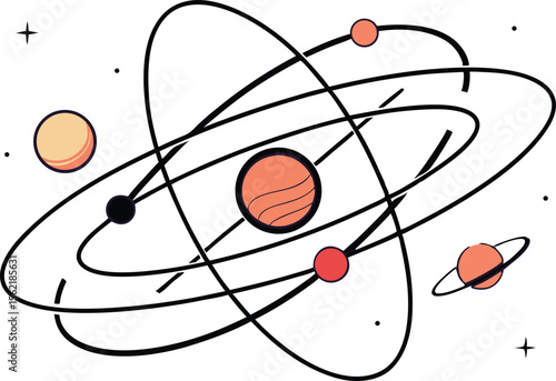 Atom Symbol Design Set Featuring Orbit Lines Electrons and Scientific Concepts. Science Atom Symbol Illustration for Physics Chemistry and Educational Projects. Clean Atom Symbol Design with Orbiting