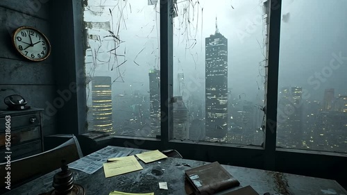 Dimly lit office interior with scattered papers, showcasing a rainy cityscape outside