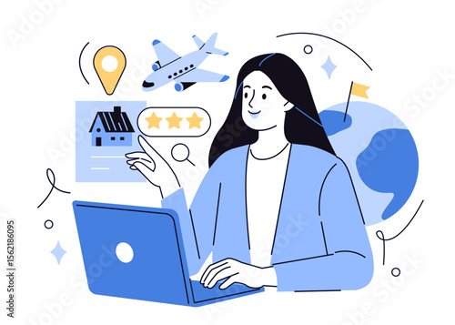 
Character planning, organizing tour, travel destination, buying airplane tickets, booking a hotel. Tourism concept. Vector illustration.