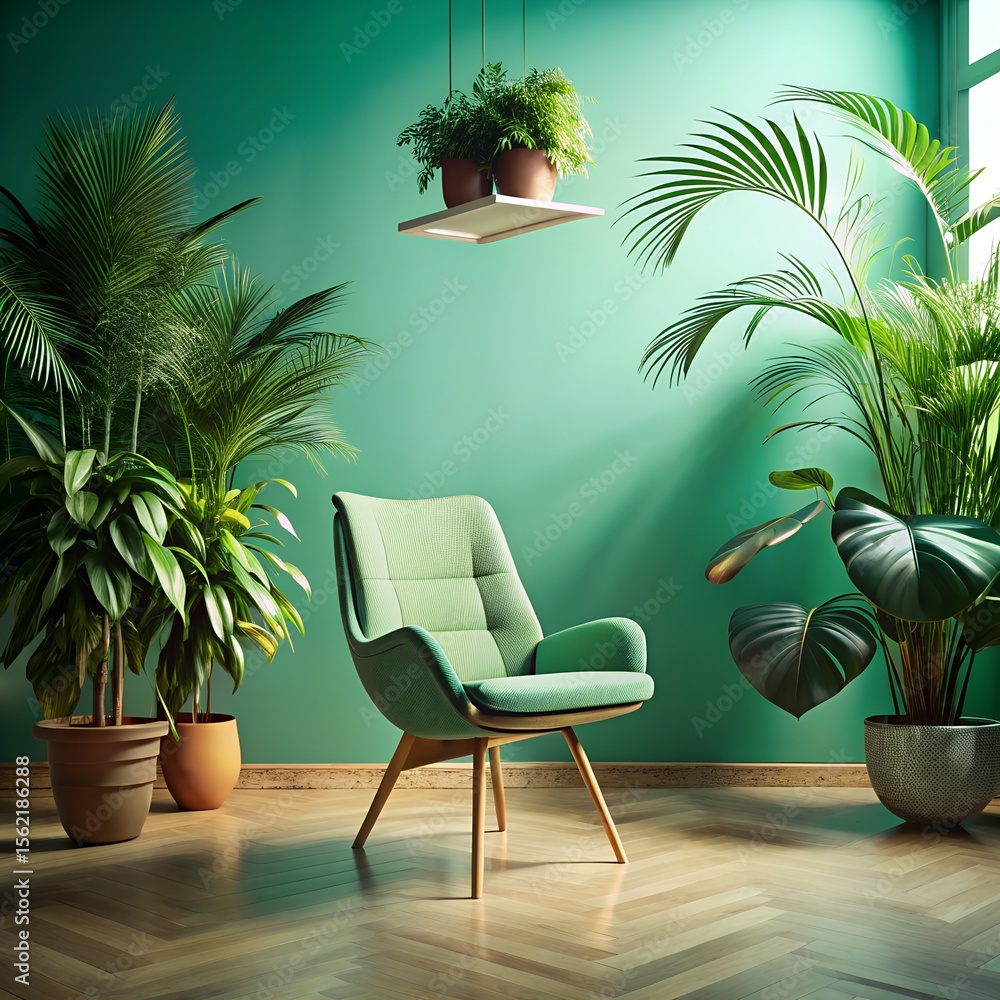 Fototapeta premium Levitation Chair Mid Air in Mint Room with Tropical Plants