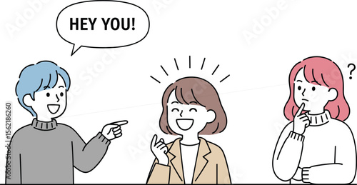 Man Calling Out 'Hey You!' to Woman, Communication and Attention Illustration, Dialogue Concept