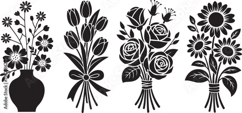 Elegant Floral Bouquets Vector Set A Collection of Exquisite Flower Arrangements for Graphic Design Projects and Creative Artworks Black and White Botanical Illustrations