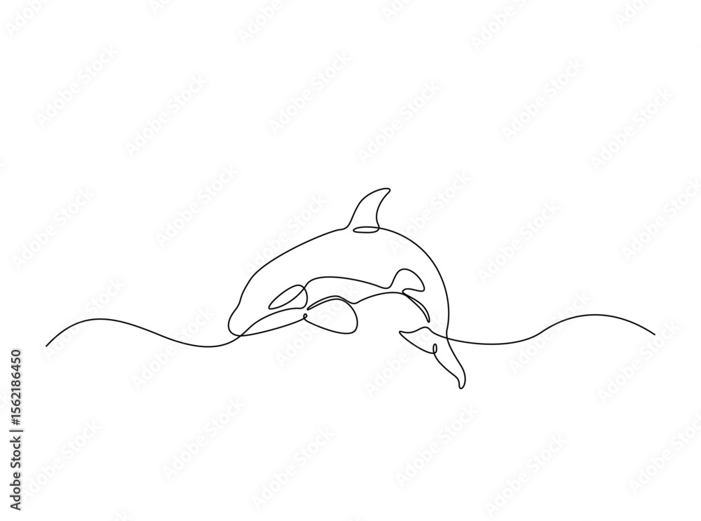 Fototapeta premium Killer whale in the ocean single outline illustration. Continuous line art drawing of orca killer whale.