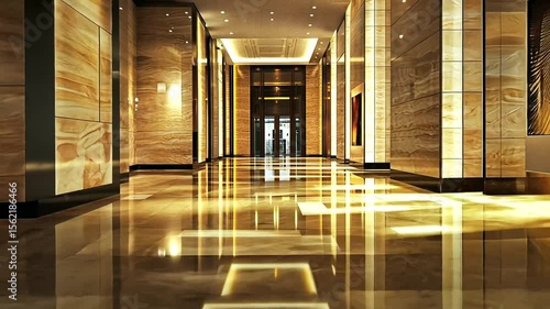 Elegant modern hotel lobby with polished marble floors and ambient lighting, showcasing luxury