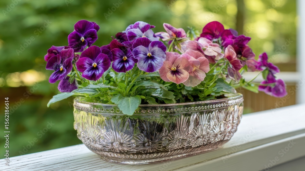 Vibrant pansies in a decorative glass bowl on a porch Vibrant pansies in a decorative glass bowl on a porch