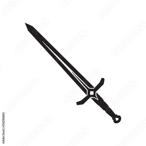 A black silhouette of a medieval sword with a detailed hilt isolated on white background silhouette
