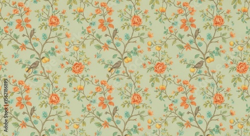 Delicate floral wallpaper with small birds and branches