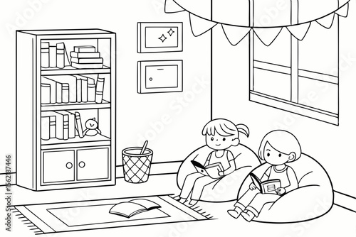Line art coloring page of a classroom with a cozy reading corner, featuring a bookshelf and children sitting on beanbags