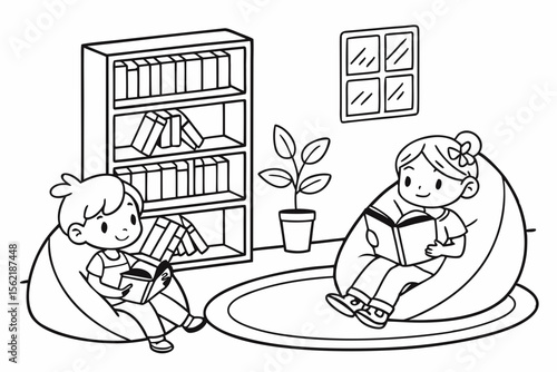 Line art coloring page of a classroom with a cozy reading corner, featuring a bookshelf and children sitting on beanbags