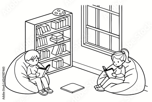 Line art coloring page of a classroom with a cozy reading corner, featuring a bookshelf and children sitting on beanbags