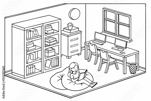 Line art coloring page of a classroom with a cozy reading corner, featuring a bookshelf and children sitting on beanbags