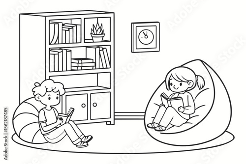 Line art coloring page of a classroom with a cozy reading corner, featuring a bookshelf and children sitting on beanbags