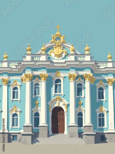Catherine Palace’s baroque façade in St Petersburg in palace blue, gold trim, marble white columns, and shadow gray reliefs
