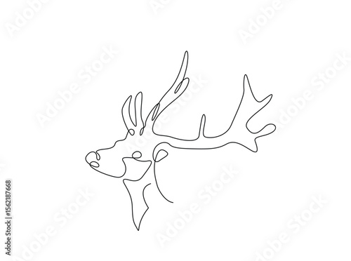 Deer head single outline illustration. Continuous line art drawing of reindeer head.