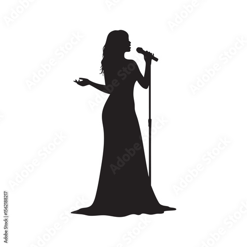 Woman singing into microphone silhouette isolated on white background