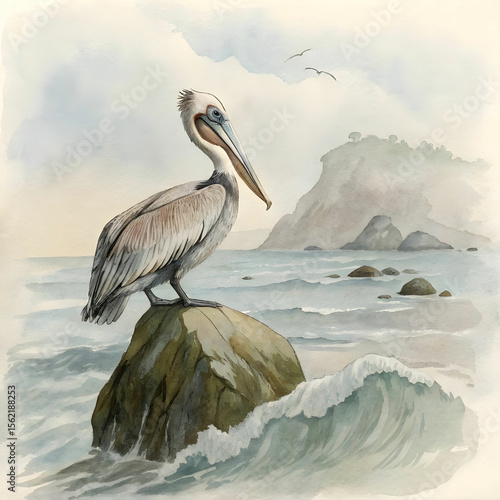 Vintage watercolor illustration of a pelican