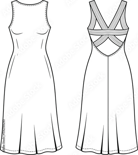 Sleeveless fit and flare dress with unique cross back strap detail, fashion technical flat sketch, CAD vector illustration template