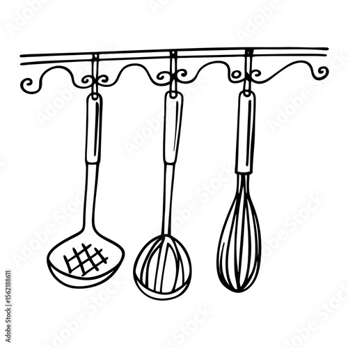Kitchen Utensils Line Art Ladle Whisk and Spoon Vector Illustration
