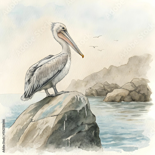 Vintage watercolor illustration of a pelican