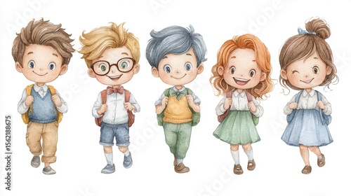 Adorable group of children in school uniforms carrying backpacks, smiling happily as they walk together on a white background.
