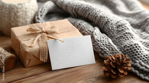 Cozy Winter Scene with Gift, Card, Blanket and Pine Cone on Wood
