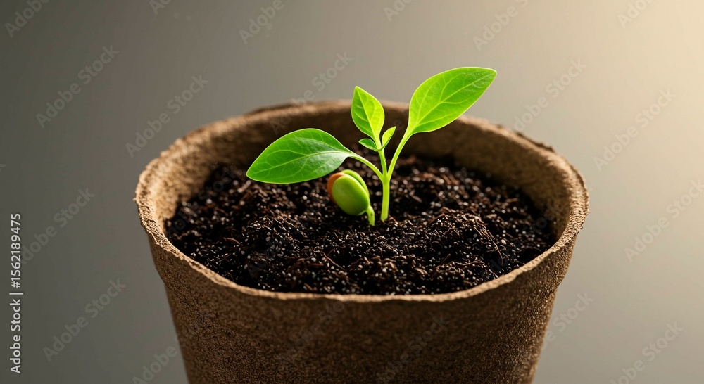 Naklejka premium A seedling growing in a brown pot filled with dark soil and green leaves