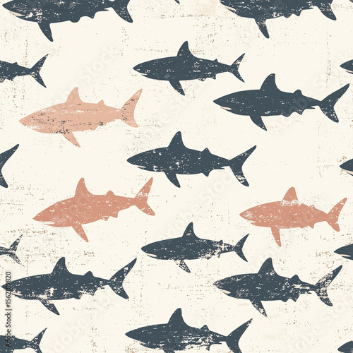 A soft, retro-themed design of small sharks in a low-contrast color scheme, giving off a classic and nostalgic atmosphere