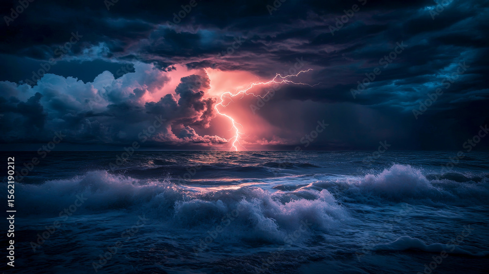 Fototapeta premium A striking lightning bolt crashes down into the ocean, illuminating the dark waters. Violent waves surge as storm clouds swirl ominously above, creating a breathtaking display of nature's fury
