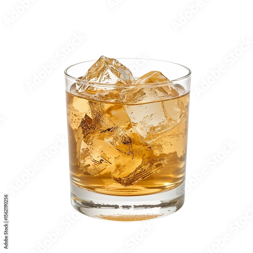 Refreshing drink with ice cubes in a glass on a clean white background
