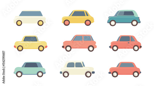 Collection of colorful vintage cars parked side by side on a bright blue background showcasing different designs and styles vector design. colorful cars in variants color vector design.
