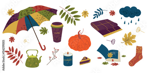 Cozy autumn set featuring a colorful umbrella, warm drinks, pumpkin, leaves, and other fall-themed elements. Perfect for creating autumn designs, seasonal graphics. Vector