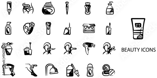 Beauty simple concept 24 hand drawn Black and White icons set .Vector illustration.